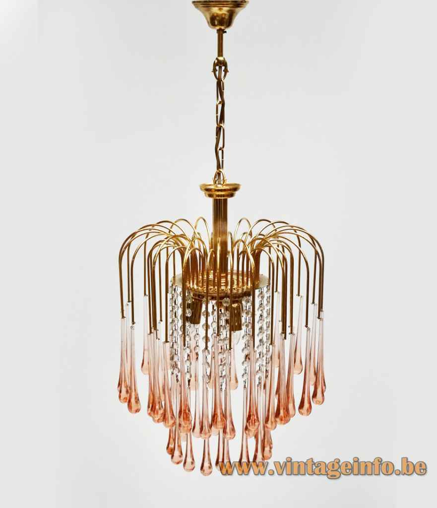 Pink glass teardrops chandelier gold coloured metal brass frame no Venini Murano 1980s 1990s Massive Belgium 