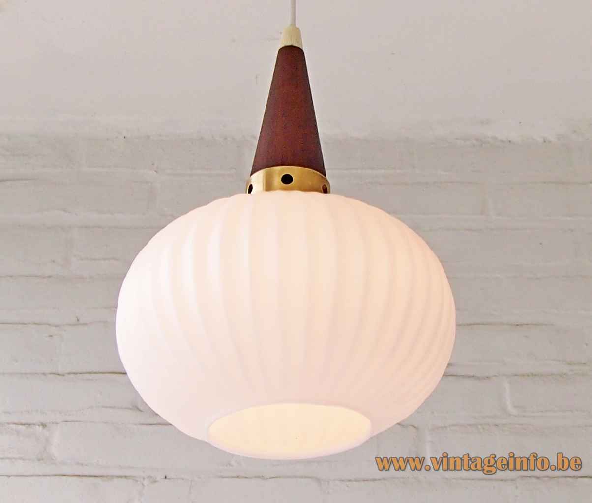 Ribbed opal glass pendant lamp onion oval lampshade conical wood top brass ring 1960s Massive Belgium