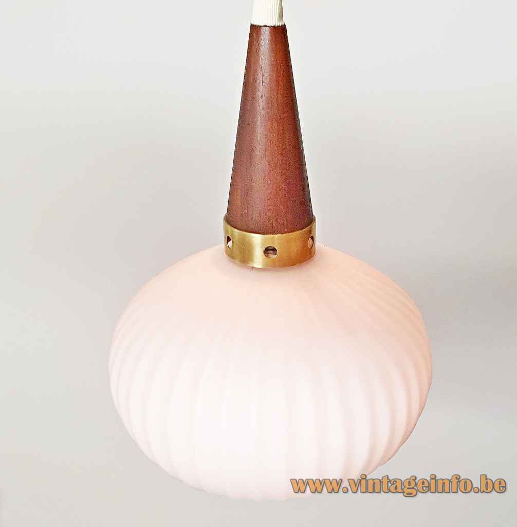 Ribbed opal glass pendant lamp onion oval lampshade conical wood top brass ring 1960s Massive Belgium