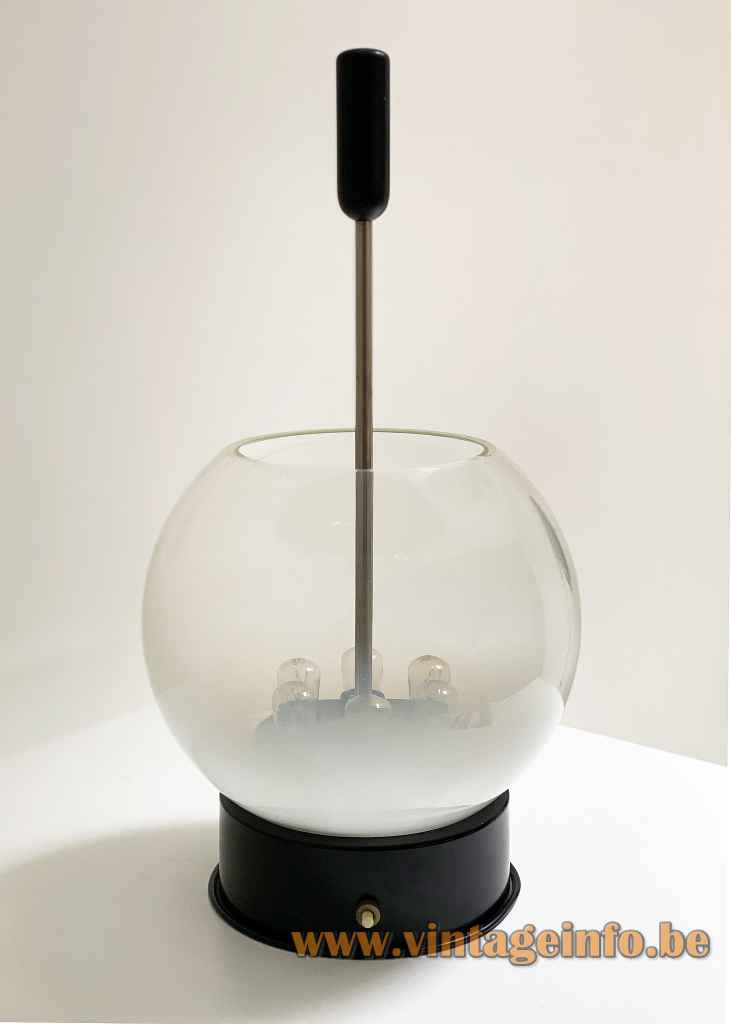 Gino Sarfatti Arteluce 593 table lamp round black metal base misty globe glass lampshade 1960s Italy