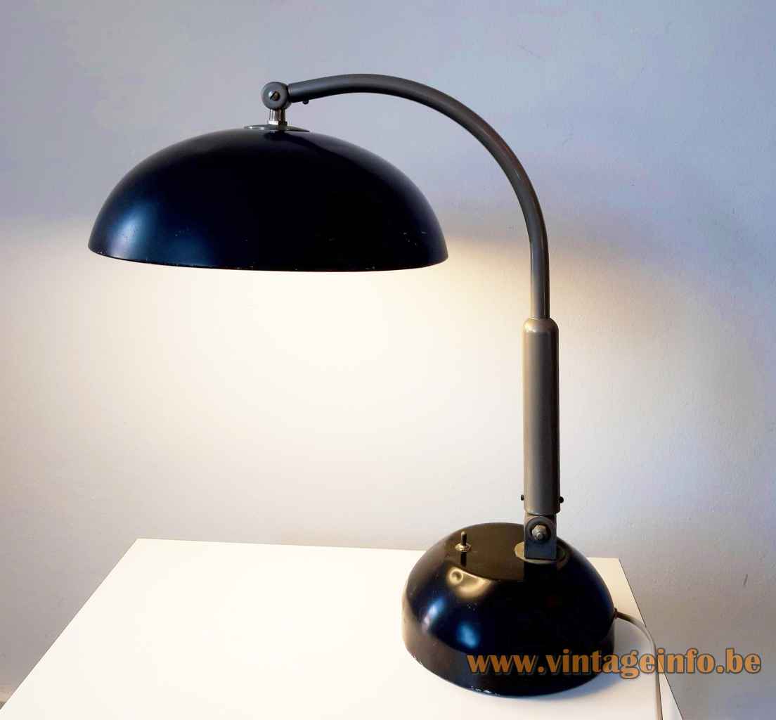 Hala TL 144 desk lamp round black aluminium base adjustable chrome rod mushroom lampshade 1950s 1960s