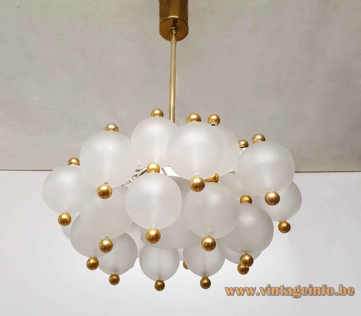 Kinkeldey frosted globes pendant lamp round 27 glass spheres lampshade brass ball nuts 1970s Germany chandelier