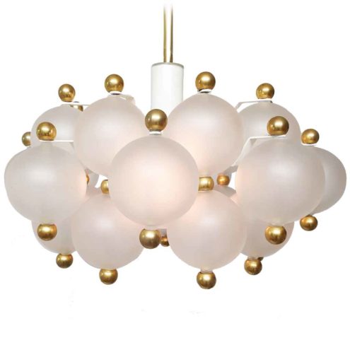 Kinkeldey frosted globes pendant lamp round 27 glass spheres lampshade brass ball nuts 1970s Germany chandelier