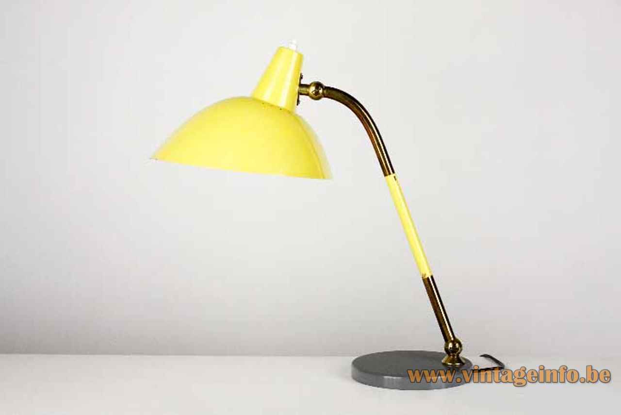 Yellow Stilnovo desk lamp round gray base adjustable brass rod conical lampshade 1950s 1960s Italy
