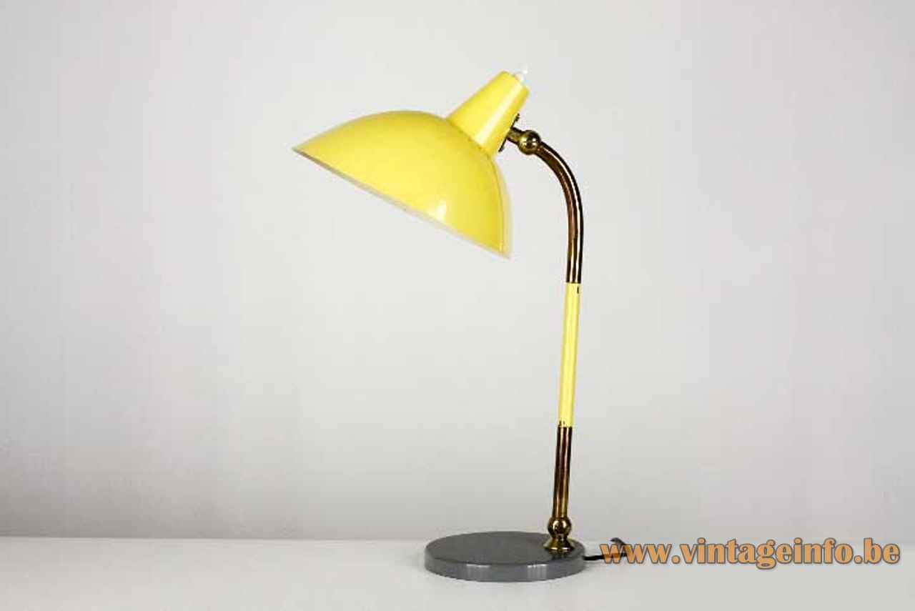 Yellow Stilnovo desk lamp round gray base adjustable brass rod conical lampshade 1950s 1960s Italy