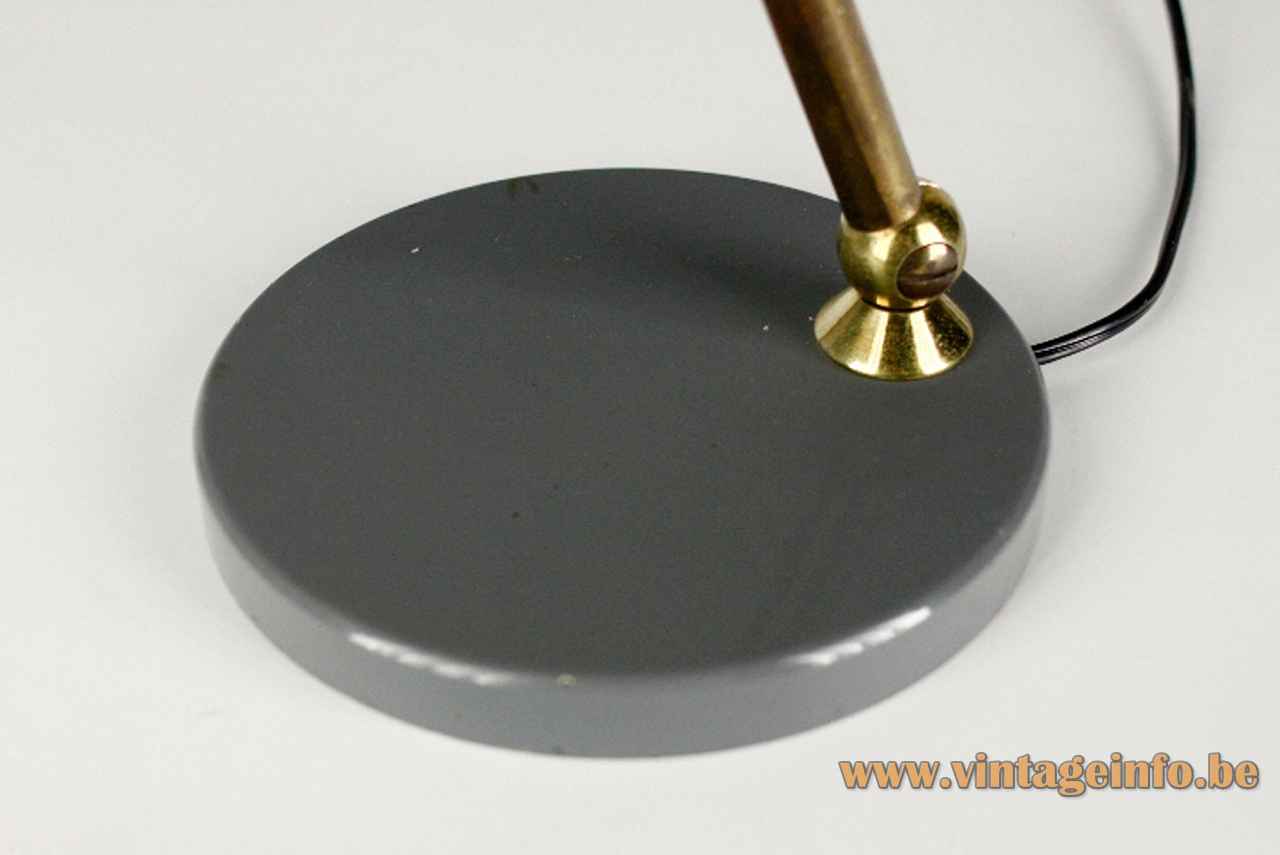 Yellow Stilnovo desk lamp round & flat gray metal base adjustable brass rod 1950s 1960s Italy