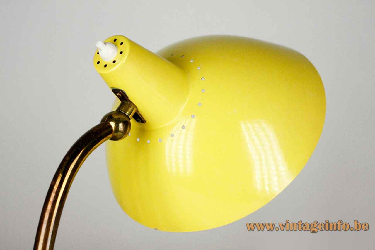 Yellow Stilnovo desk lamp adjustable thick brass rod conical aluminium lampshade 1950s 1960s Italy