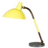 Yellow Stilnovo desk lamp round gray base adjustable brass rod conical lampshade 1950s 1960s Italy