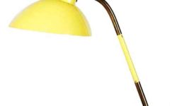 Yellow Stilnovo desk lamp round gray base adjustable brass rod conical lampshade 1950s 1960s Italy