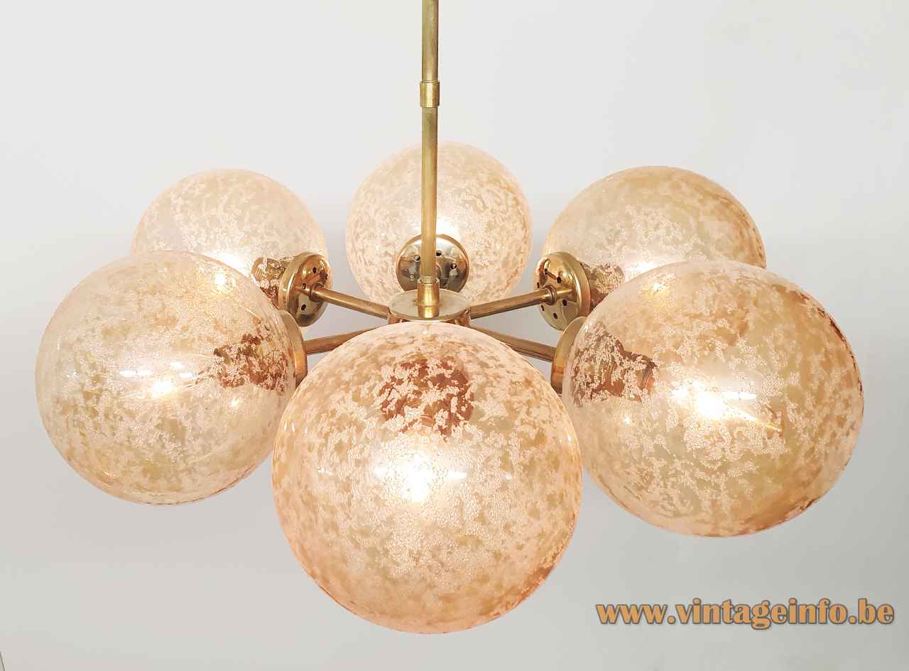 Kaiser Leuchten crackle globes chandelier round smoked glass lampshades brass sputnik rods 1970s 1980s Germany