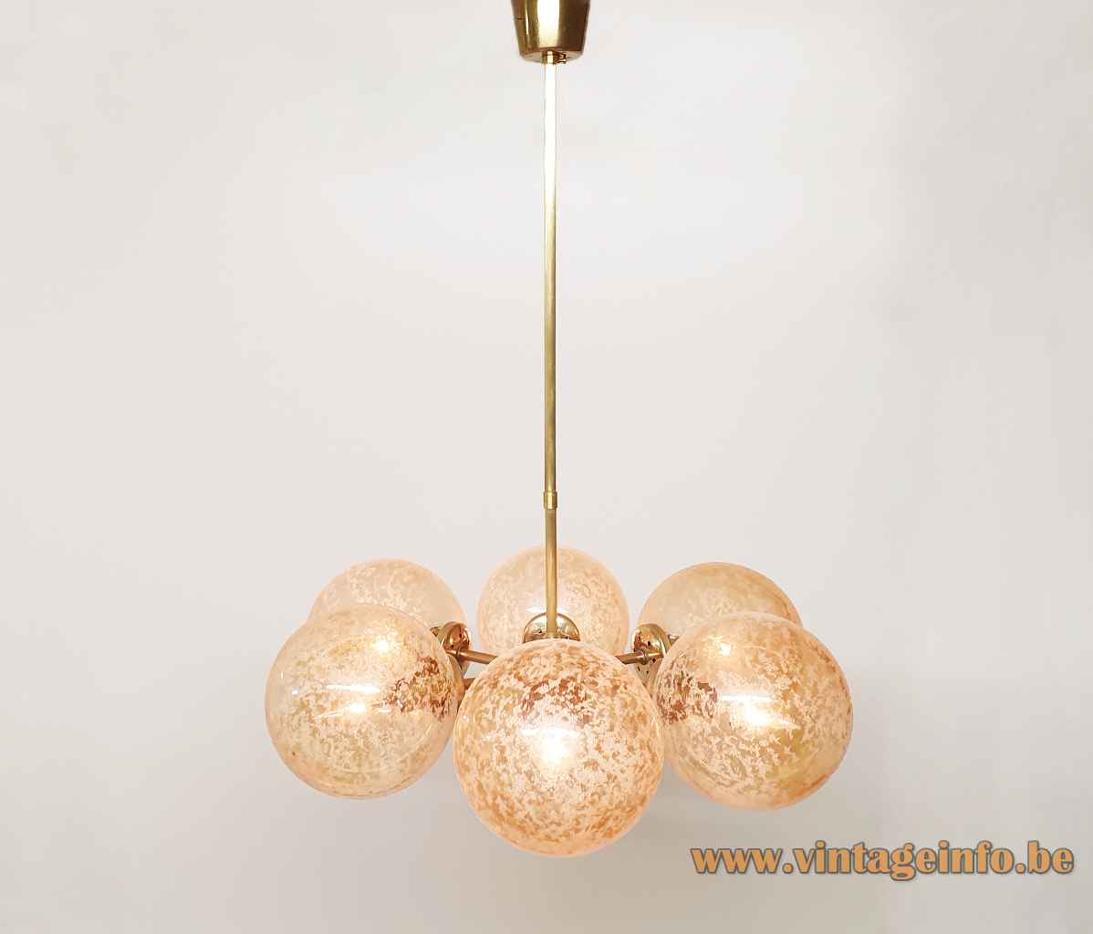 Kaiser Leuchten crackle globes chandelier round smoked glass lampshades brass sputnik rods 1970s 1980s Germany