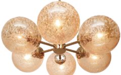 Kaiser Leuchten crackle globes chandelier round smoked glass lampshades brass sputnik rods 1970s 1980s Germany