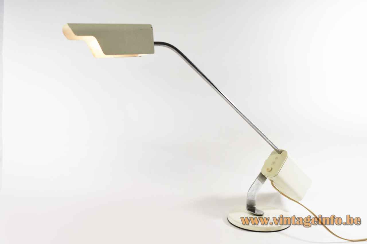 LUCI T442 desk lamp round white metal base adjustable chrome rod counterweight rectangular lampshade 1970s Italy