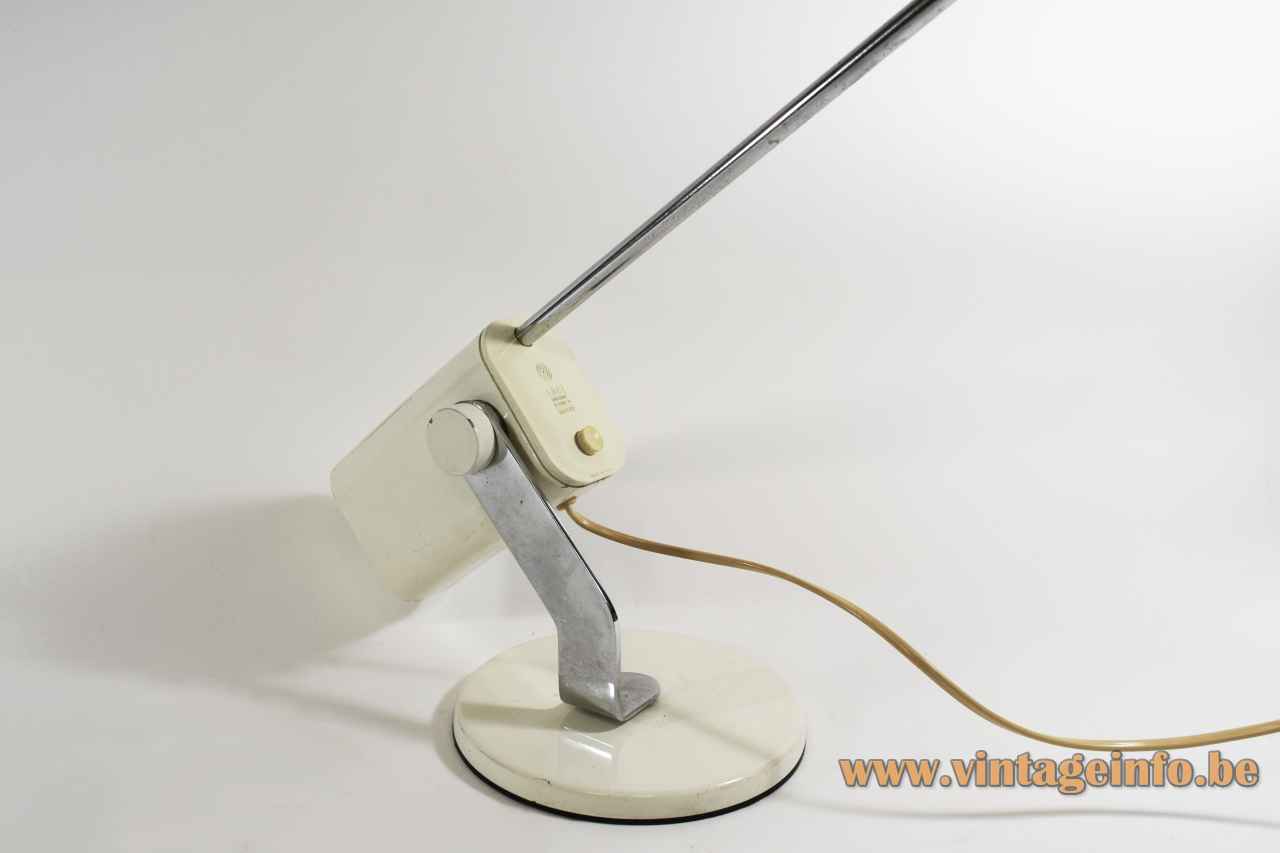 LUCI T442 desk lamp round white metal base adjustable chrome rod counterweight rectangular lampshade 1970s Italy
