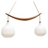 Luxus double pendant lamp 509 2 white opal glass globe sphere lampshades oak boomerang 1960s Sweden
