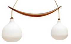 Luxus double pendant lamp 509 2 white opal glass globe sphere lampshades oak boomerang 1960s Sweden