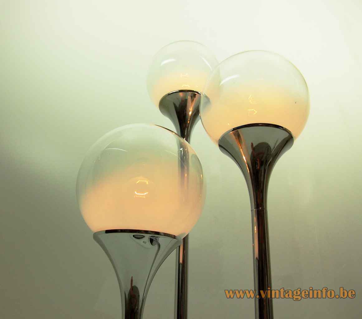 OMA globes floor lamp white base 3 chrome rods opal & clear glass lampshades 1960s 1970s Targetti