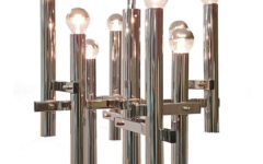 Sciolari style chrome chandelier metal rods, chain & tubes lampshade 8 E14 sockets 1970s Massive Belgium