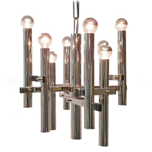 Sciolari style chrome chandelier metal rods, chain & tubes lampshade 8 E14 sockets 1970s Massive Belgium