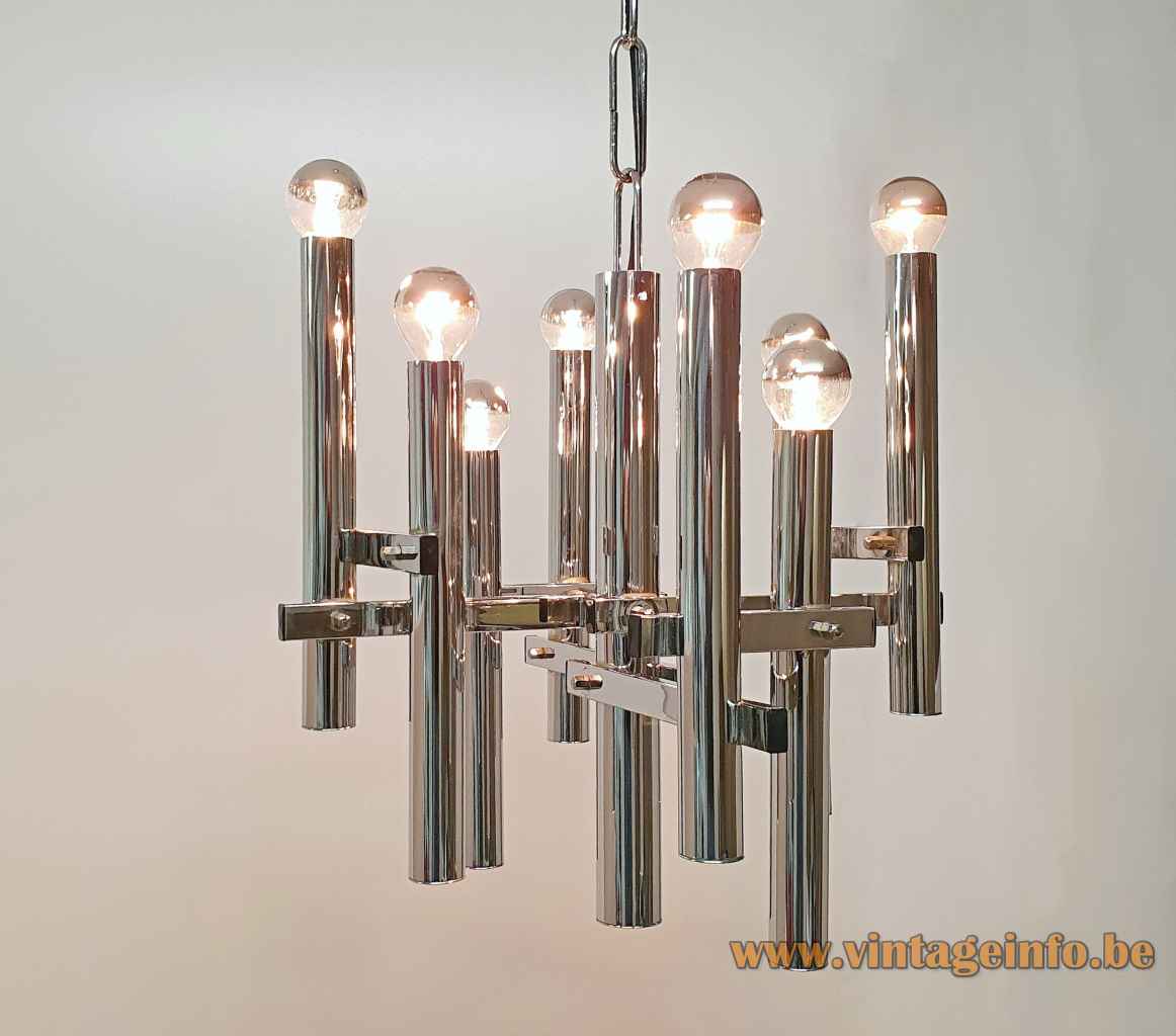 Sciolari style chrome chandelier metal rods, chain & tubes lampshade 8 E14 sockets 1970s Massive Belgium