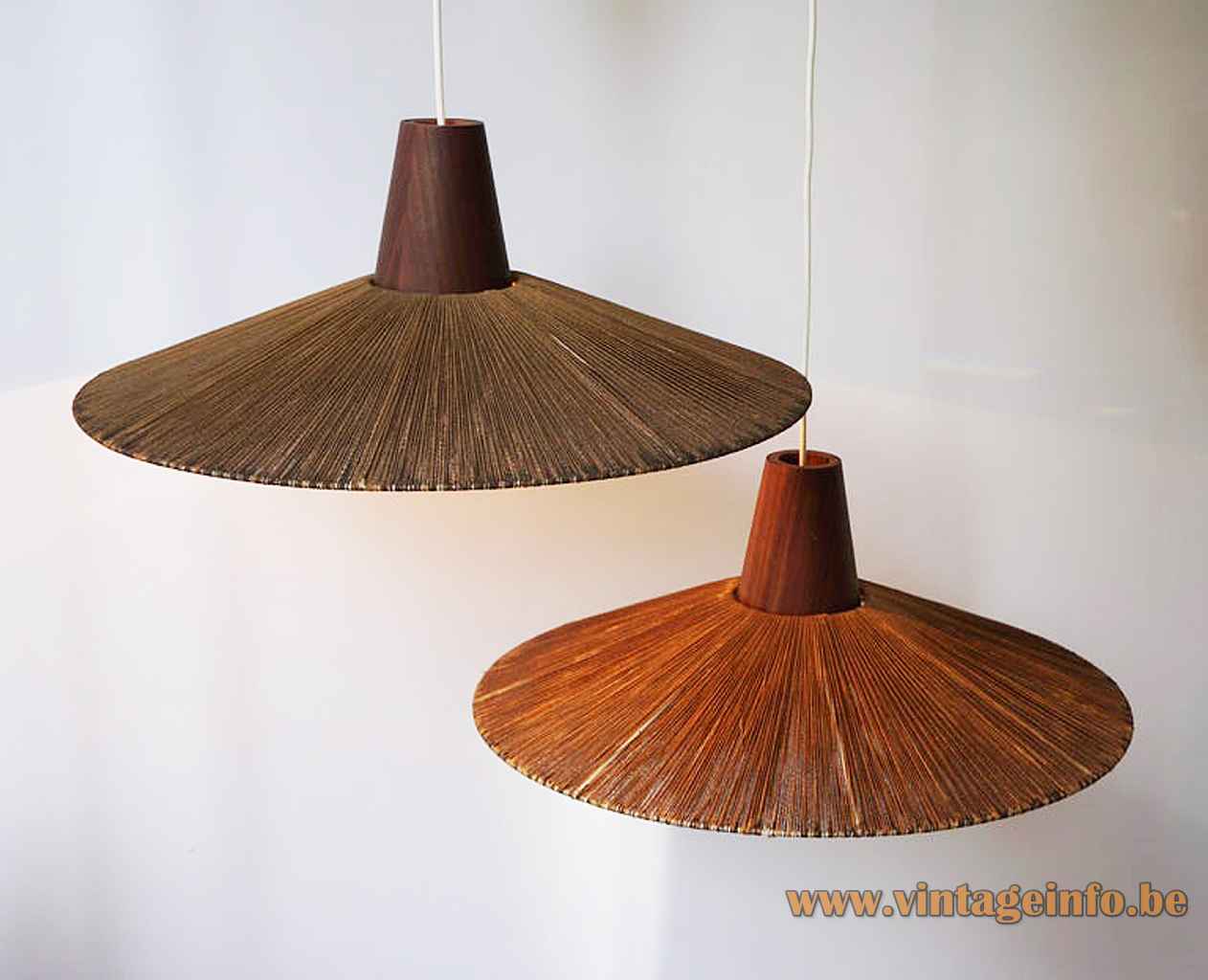 Temde sisal pendant lamp round conical cord braid lampshade teak wood cone 1950s 1960s Germany Switzerland