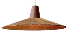 Temde sisal pendant lamp round conical cord braid lampshade teak wood cone 1950s 1960s Germany Switzerland