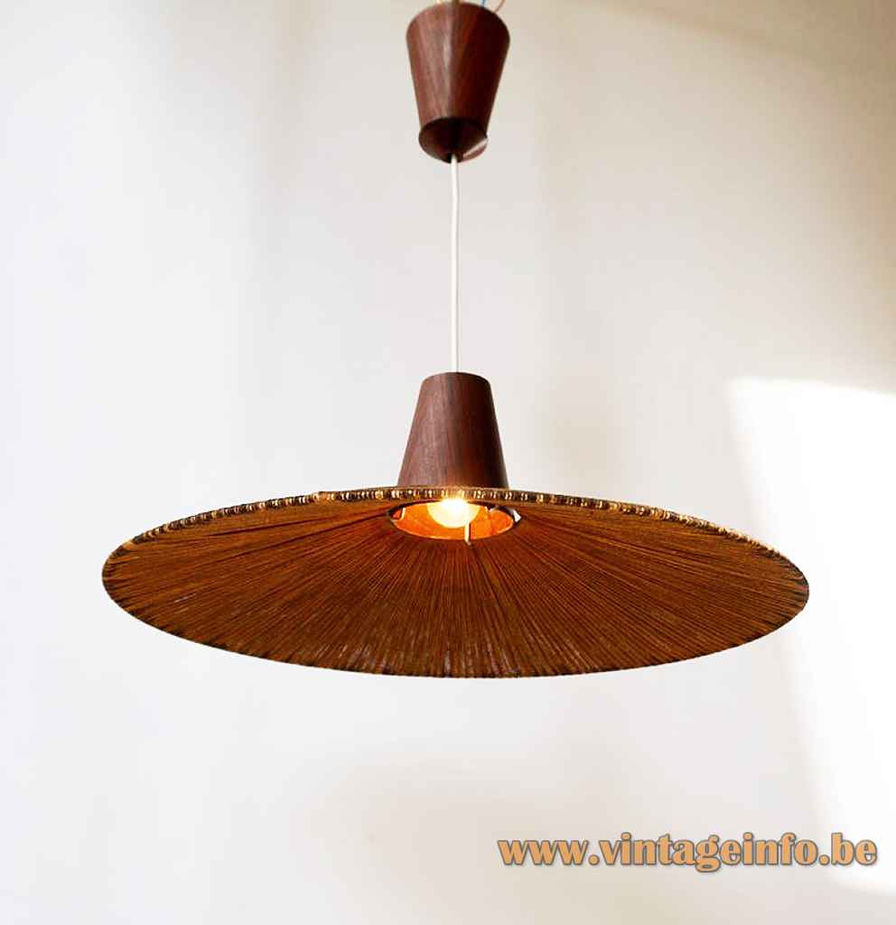 Temde sisal pendant lamp round conical cord braid lampshade teak wood cone 1950s 1960s Germany Switzerland