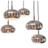 Chrome oval globes pendant chandelier 5 cascading metal lampshades perforated elongated slits 1960s 1970s Massive Belgium