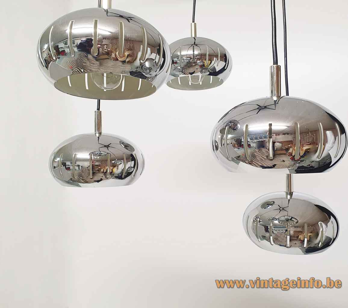Chrome oval globes pendant chandelier 5 cascading metal lampshades perforated elongated slits 1960s 1970s Massive Belgium