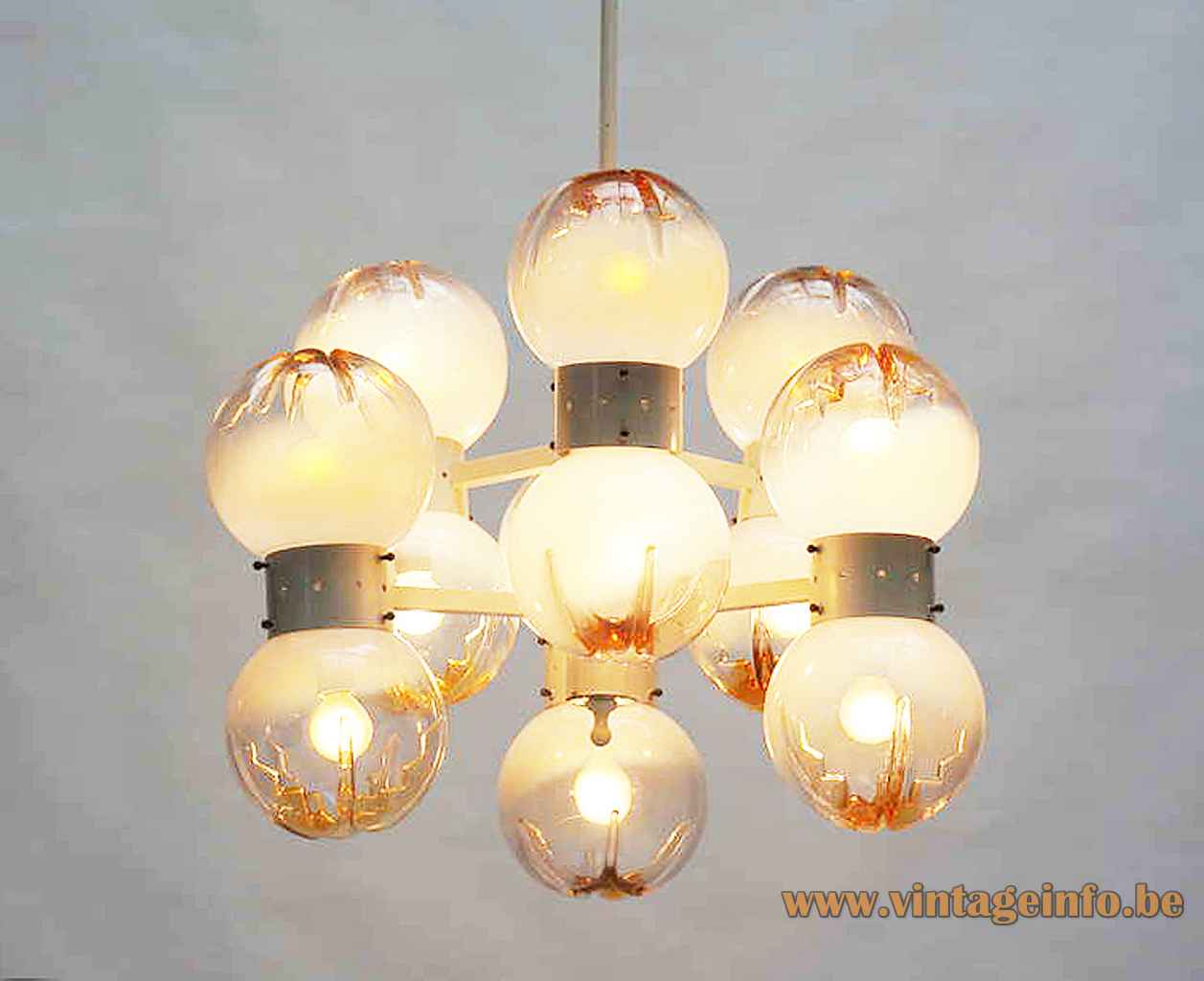 AV Mazzega 12 globes chandelier chrome lampshade white & orange glass spheres 1960s 1970s Murano Italy