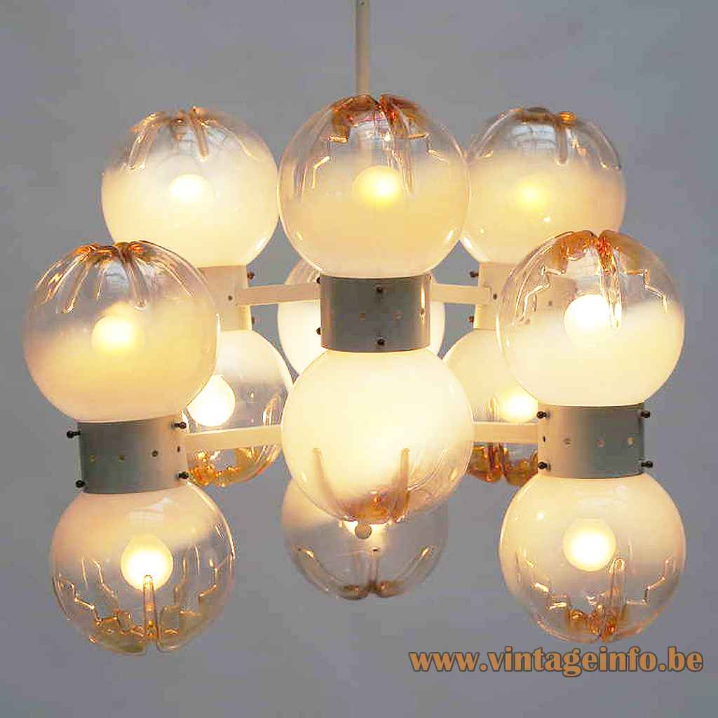 AV Mazzega 12 globes chandelier chrome lampshade white & orange glass spheres 1960s 1970s Murano Italy