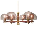 Berlin Leuchten smoked glass chandelier 6 globes lampshades brass & wood rods 1970s Germany E14 sockets