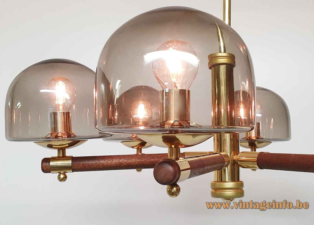 Berlin Leuchten smoked glass chandelier 6 globes lampshades brass & wood rods 1970s Germany E14 sockets