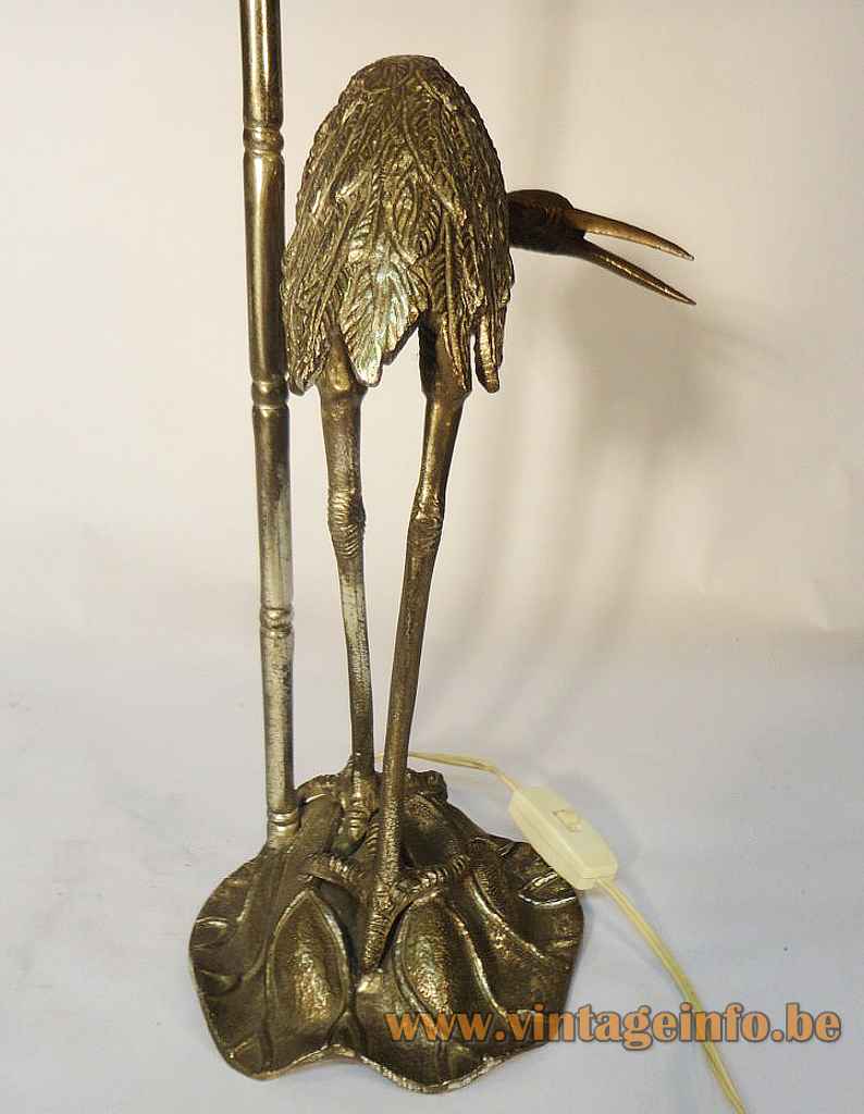 Crane bird table lamp silver plated metal base & rod brown pagoda lampshade 1970s 1980s Valenti Spain