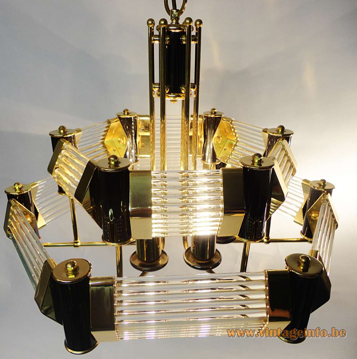 Crystal glass rods chandelier clear tubes lampshade gilded frame & chain 1970s 1980s Bakalowits Austria