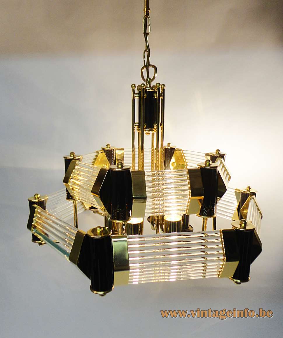 Crystal glass rods chandelier clear tubes lampshade gilded frame & chain 1970s 1980s Bakalowits Austria