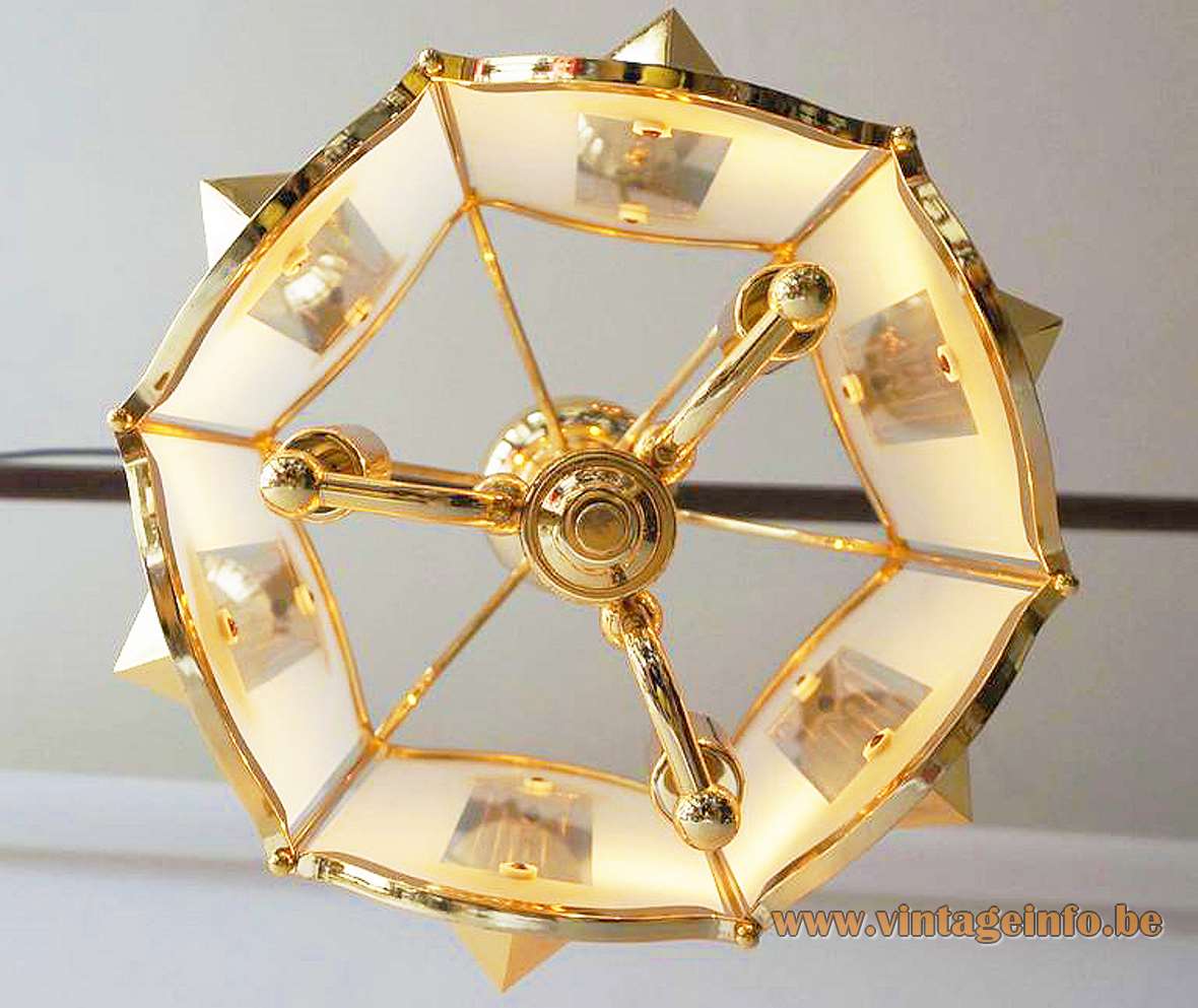 Crystal glass rods lantern pendant lamp gilded brass tubes & chain lampshade Honsel Leuchten Germany