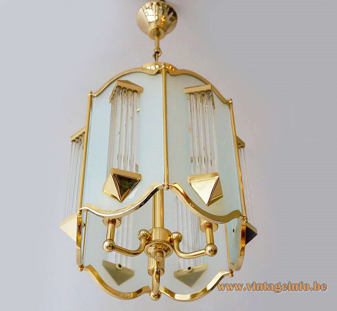 Crystal glass rods lantern pendant lamp gilded brass tubes & chain lampshade Honsel Leuchten Germany