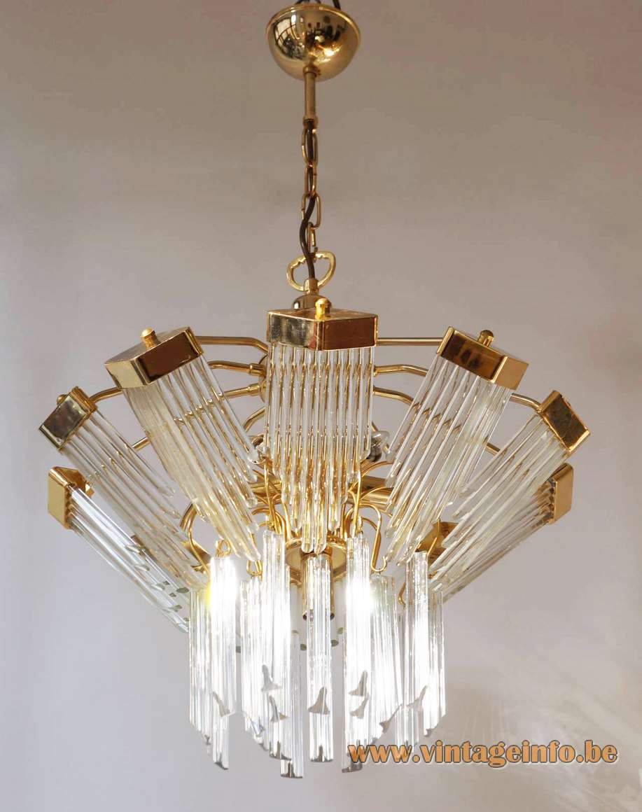 Gold-plated crystal rods chandelier round glass tubes lampshade brass chain & rods 1970s 1980s Bakalowits Austria