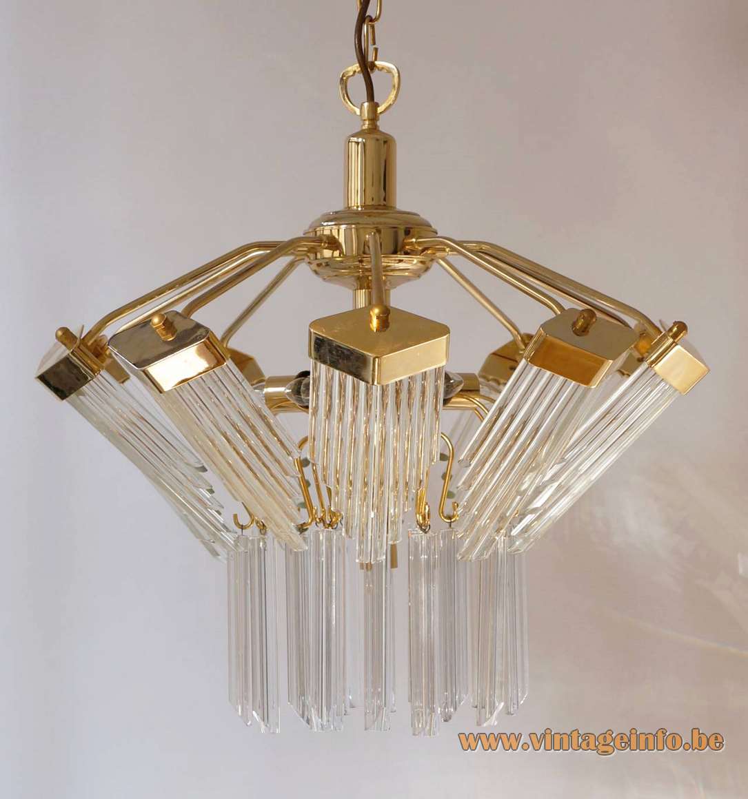 Gold-plated crystal rods chandelier round glass tubes lampshade brass chain & rods 1970s 1980s Bakalowits Austria