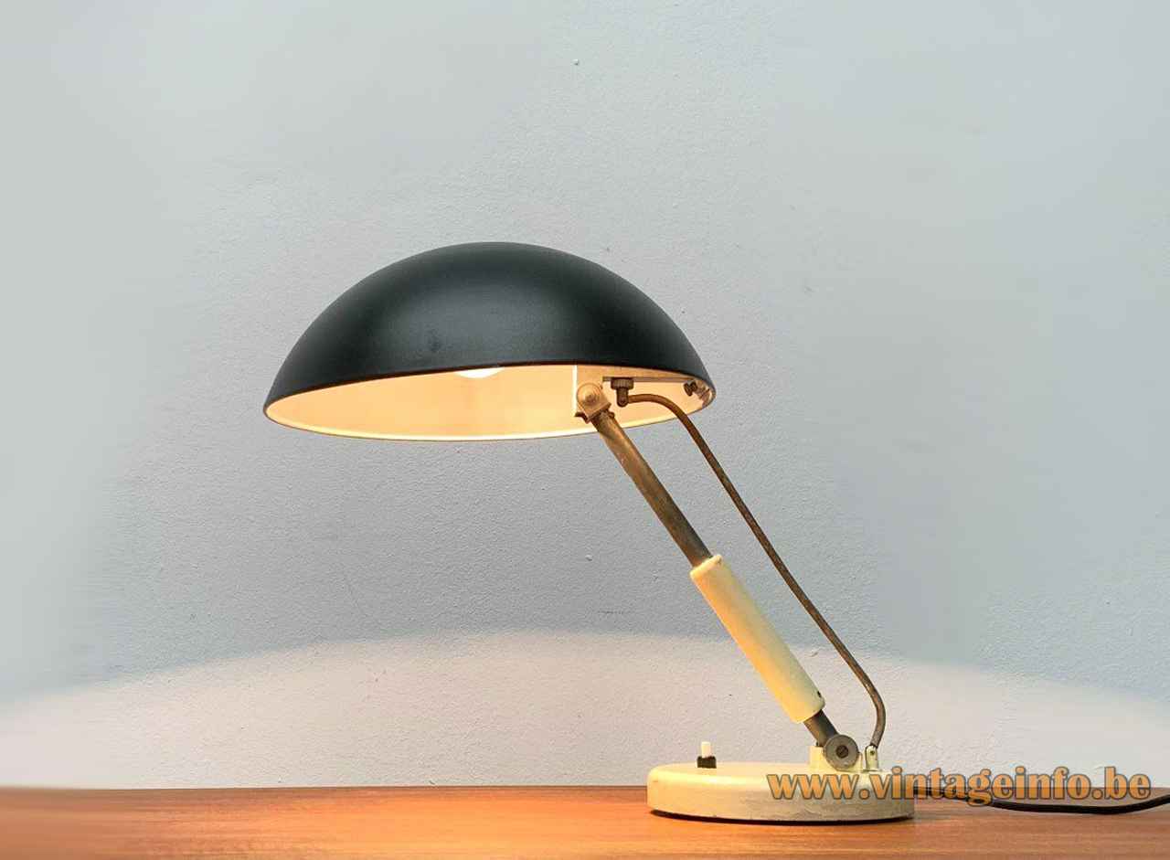 Karl Trabert Schaco desk lamp round metal base adjustable rod & black lampshade Bauhaus 1933 Schanzenbach Germany