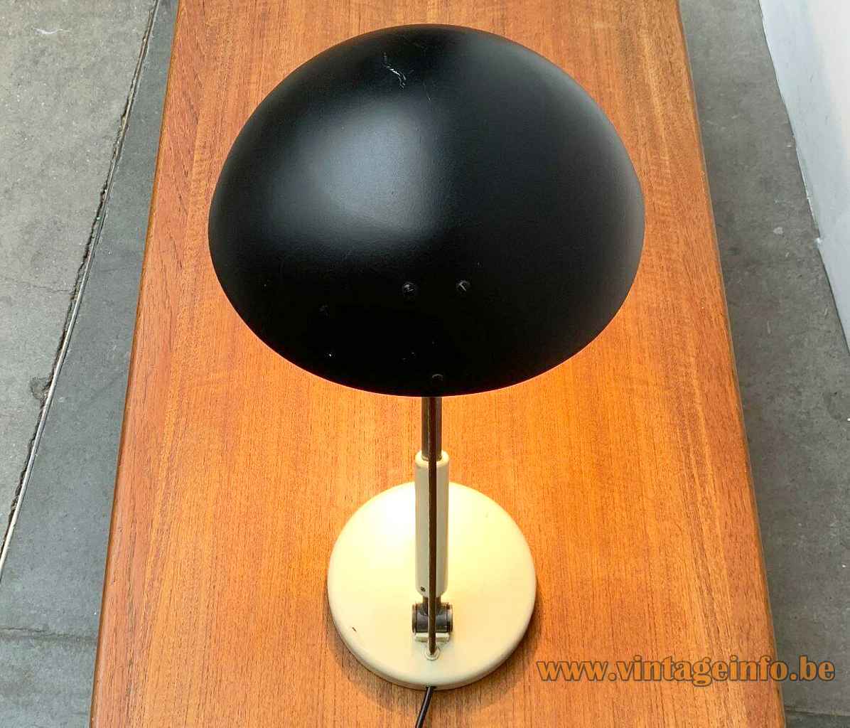 Karl Trabert Schaco desk lamp round metal base adjustable rod & black lampshade top view 1930s Germany