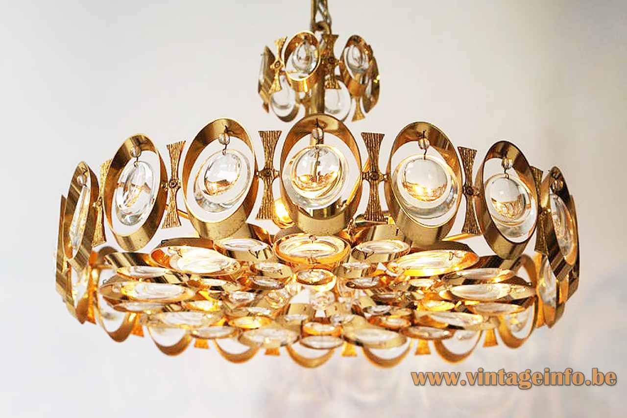 Palwa oval rings chandelier gold plated lampshade crystal glass discs 1970s 1980s Palme & Walter Germany