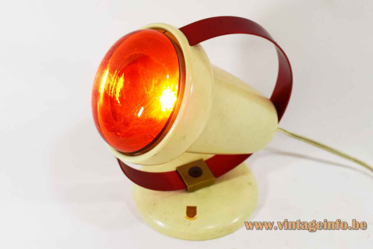 Philips Infraphil 7529 lamp round white plastic base red aluminium ring conical lampshade 1960s Charlotte Perriand 