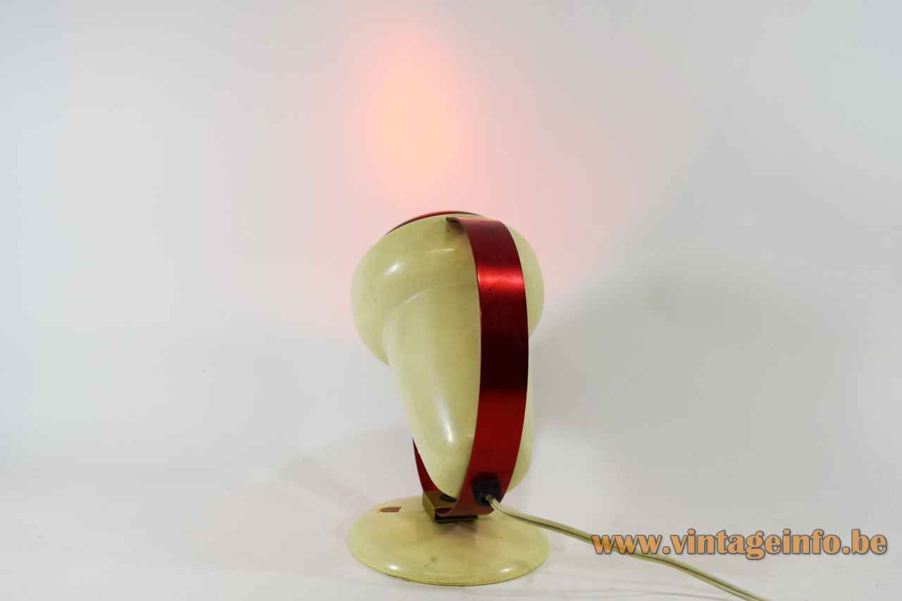 Philips Infraphil 7529 lamp round white plastic base red aluminium ring conical lampshade 1960s Charlotte Perriand 