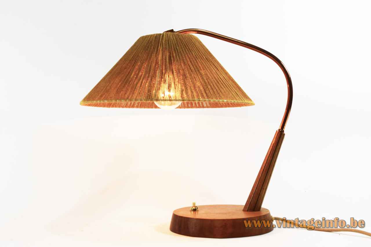 Temde Sisal desk lamp round wood base & rod copper tube conical cord rope lampshade 1950s 1960s 