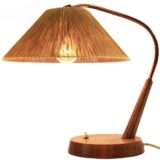 Temde Sisal desk lamp round wood base & rod copper tube conical cord rope lampshade 1950s 1960s