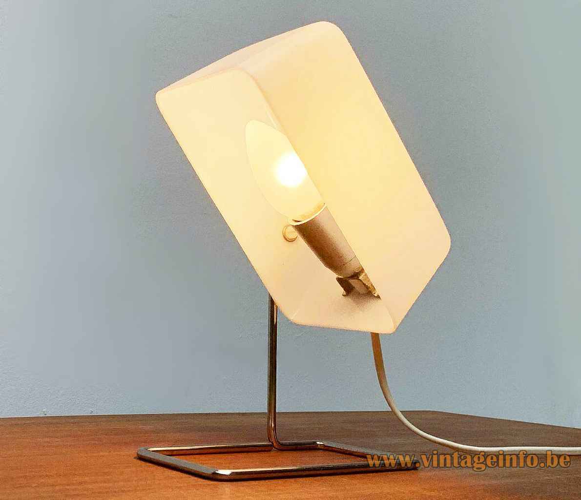 Temde white acrylic desk lamp rectangular chrome rod base white plastic frustum lampshade 1960s 1970s Germany 
