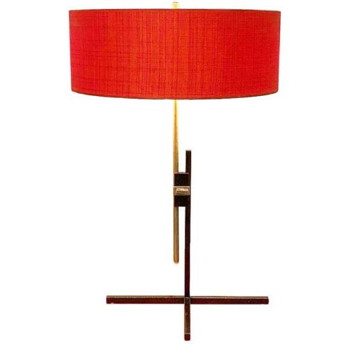 1960s Kaiser Leuchten table lamp black square rods cross base red round fabric lampshade Germany 45094/021