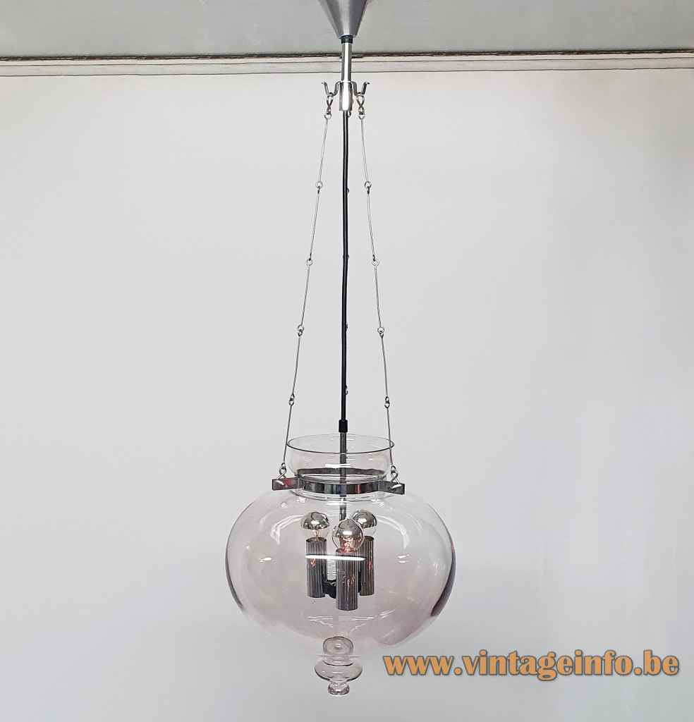 Glashütte Limburg droplet chandelier smoked glass lampshade chrome chain & parts 1970s design: Herbert Proft Germany